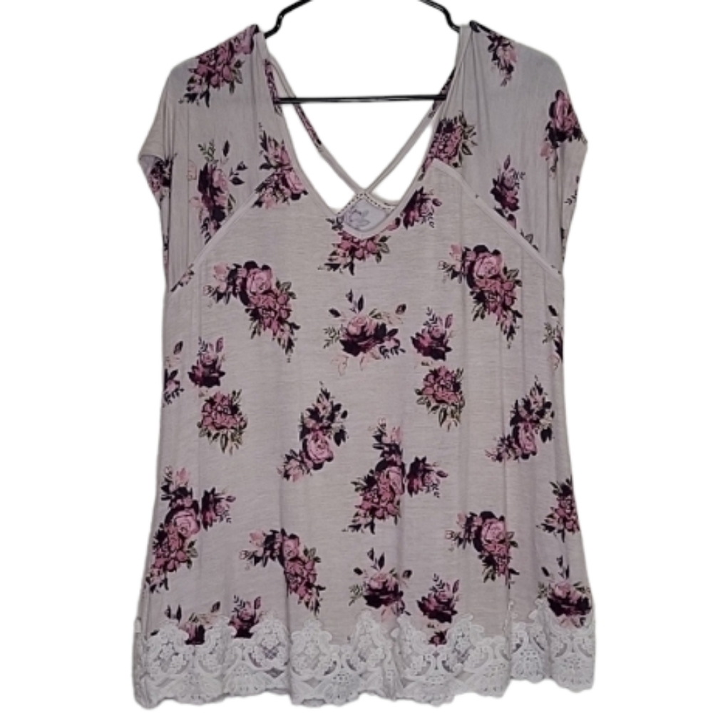Jolt Gray Floral Criss Cross Back Lace Hem Detail, Size XL